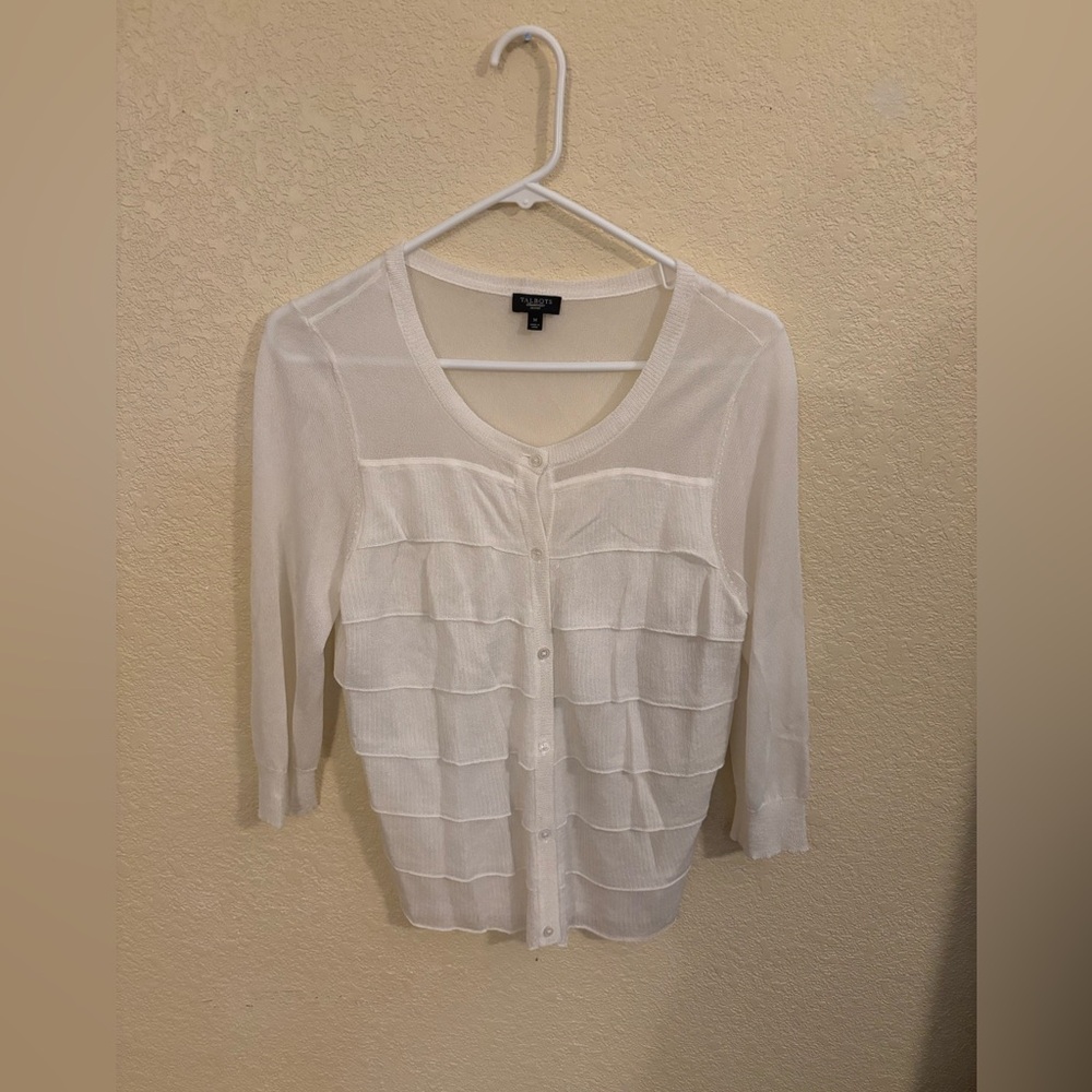 Talbots Women’s White Ruffled Cardigan Sweater, Size Petite M